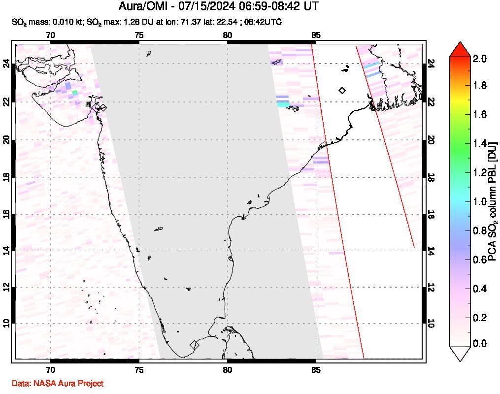 A sulfur dioxide image over India on Jul 15, 2024.