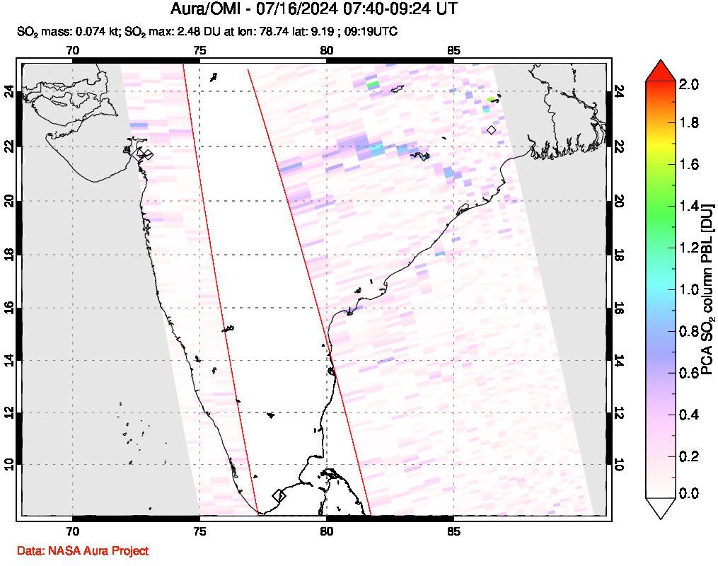 A sulfur dioxide image over India on Jul 16, 2024.