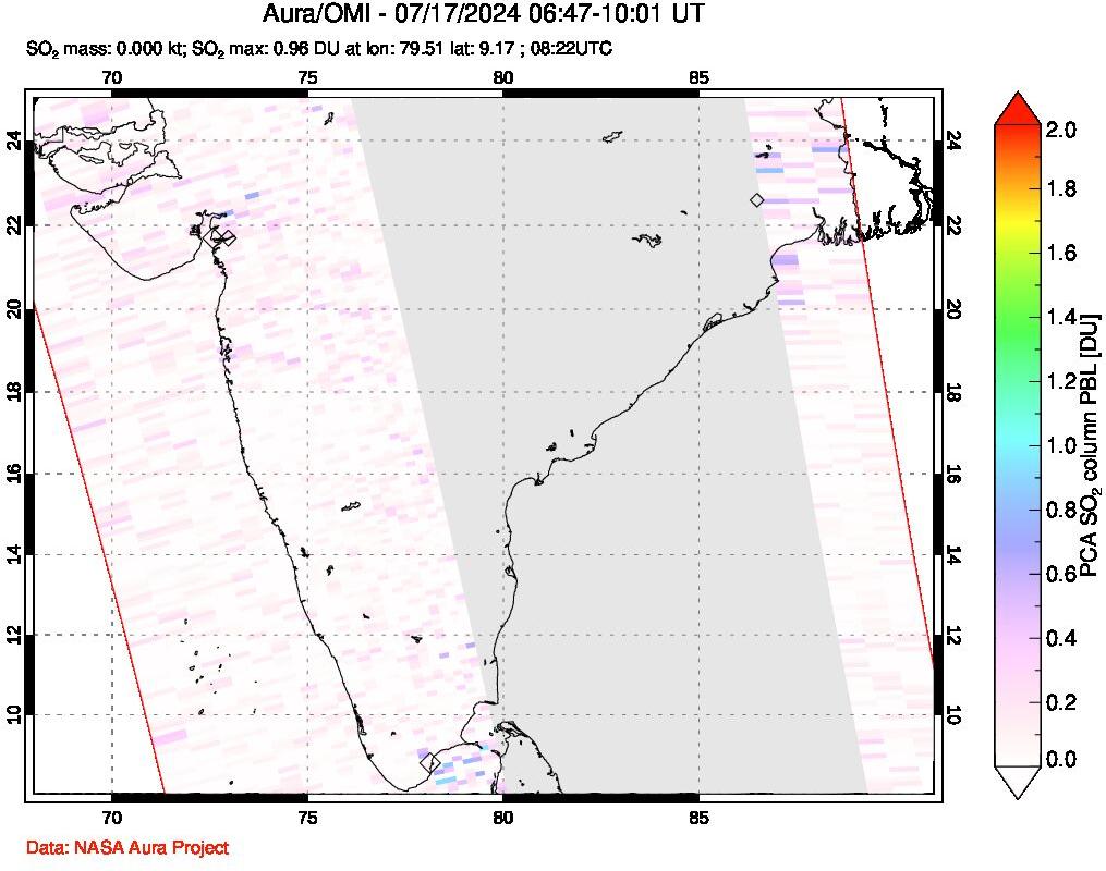 A sulfur dioxide image over India on Jul 17, 2024.