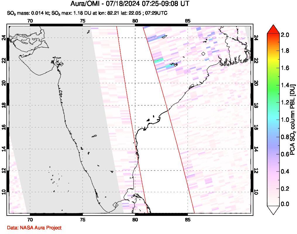 A sulfur dioxide image over India on Jul 18, 2024.