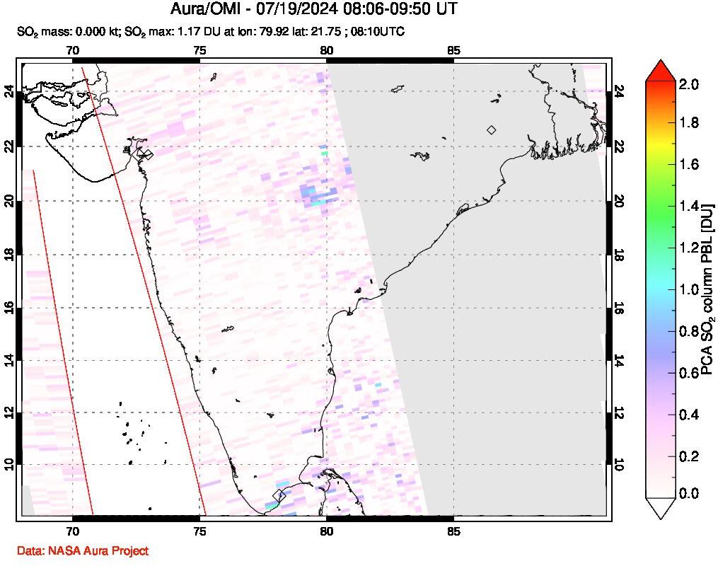 A sulfur dioxide image over India on Jul 19, 2024.