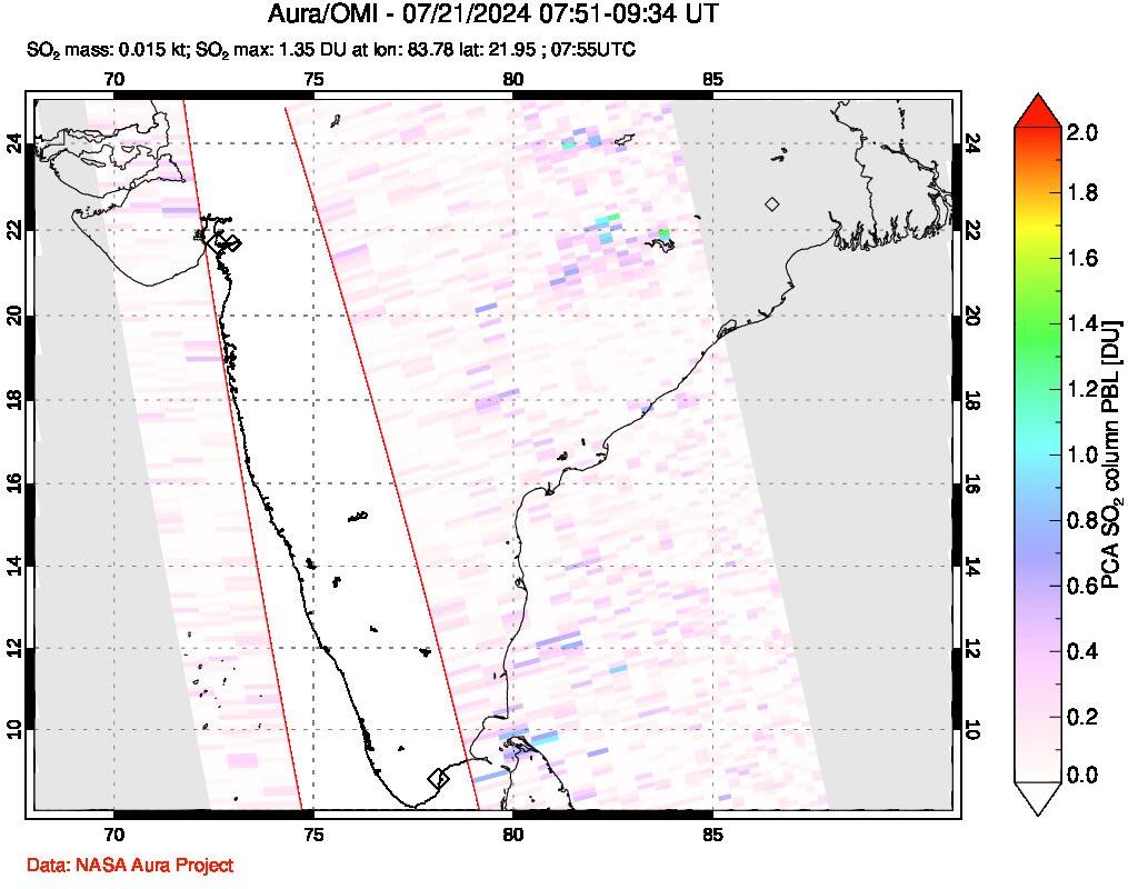 A sulfur dioxide image over India on Jul 21, 2024.