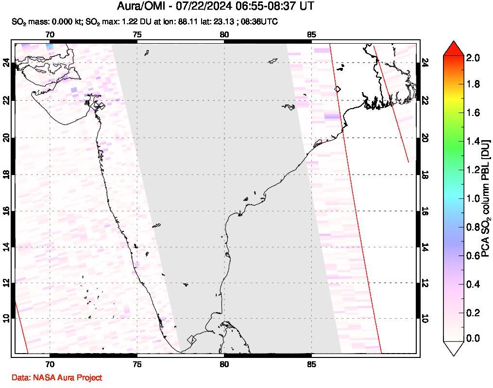 A sulfur dioxide image over India on Jul 22, 2024.