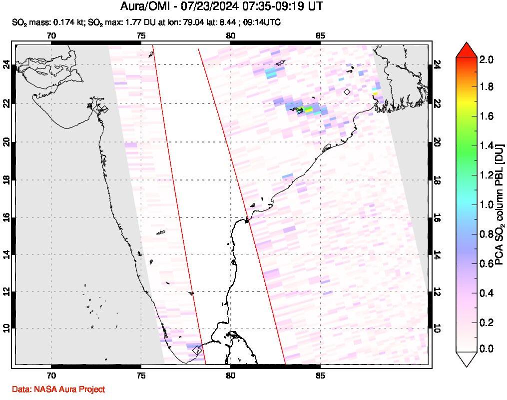 A sulfur dioxide image over India on Jul 23, 2024.