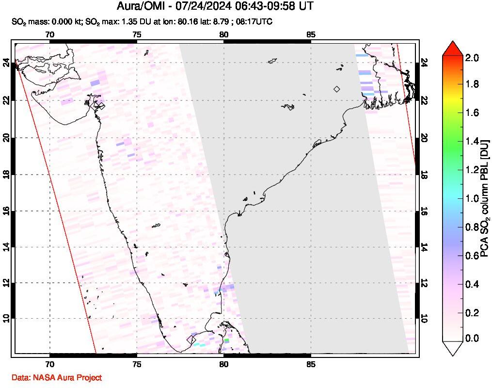 A sulfur dioxide image over India on Jul 24, 2024.