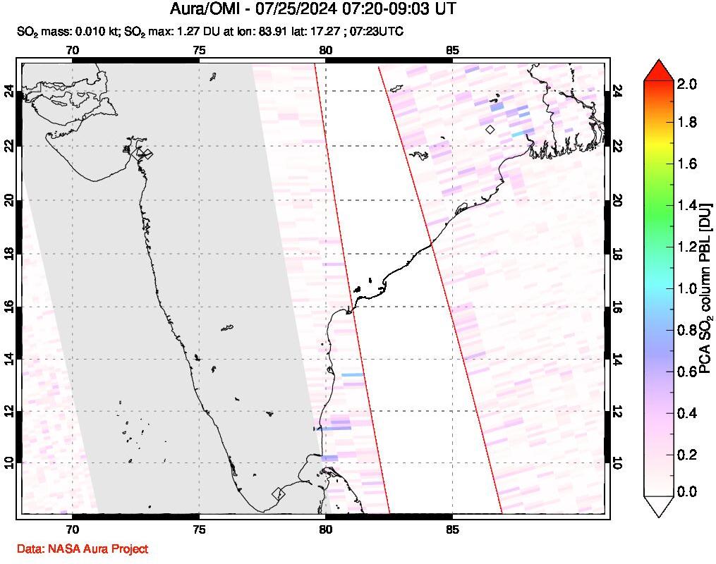 A sulfur dioxide image over India on Jul 25, 2024.