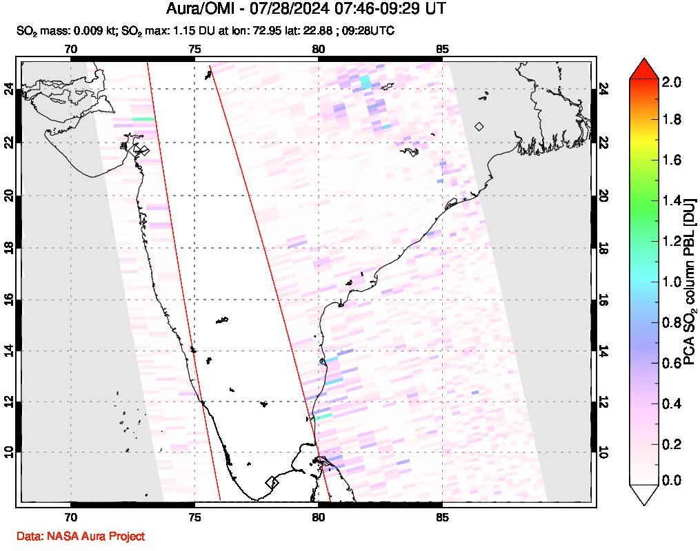 A sulfur dioxide image over India on Jul 28, 2024.