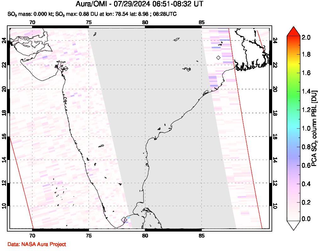 A sulfur dioxide image over India on Jul 29, 2024.