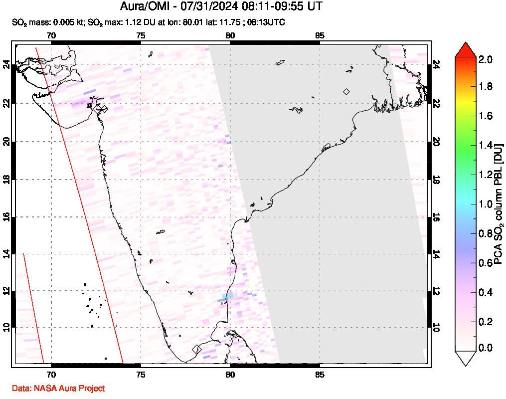 A sulfur dioxide image over India on Jul 31, 2024.