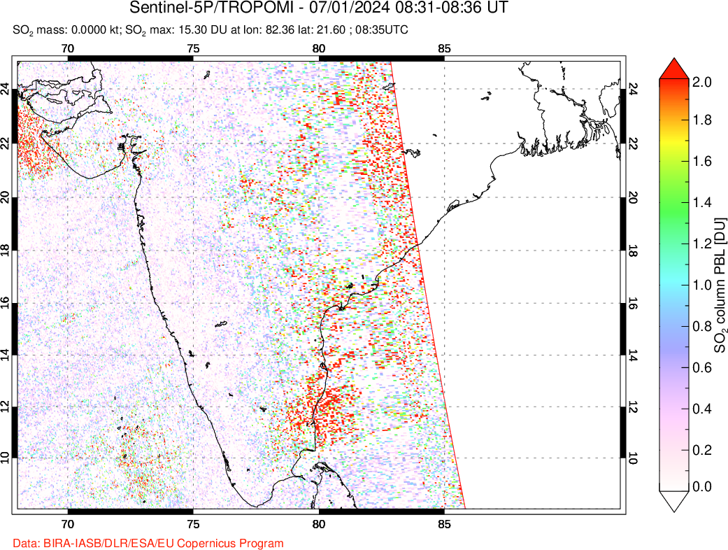 A sulfur dioxide image over India on Jul 01, 2024.