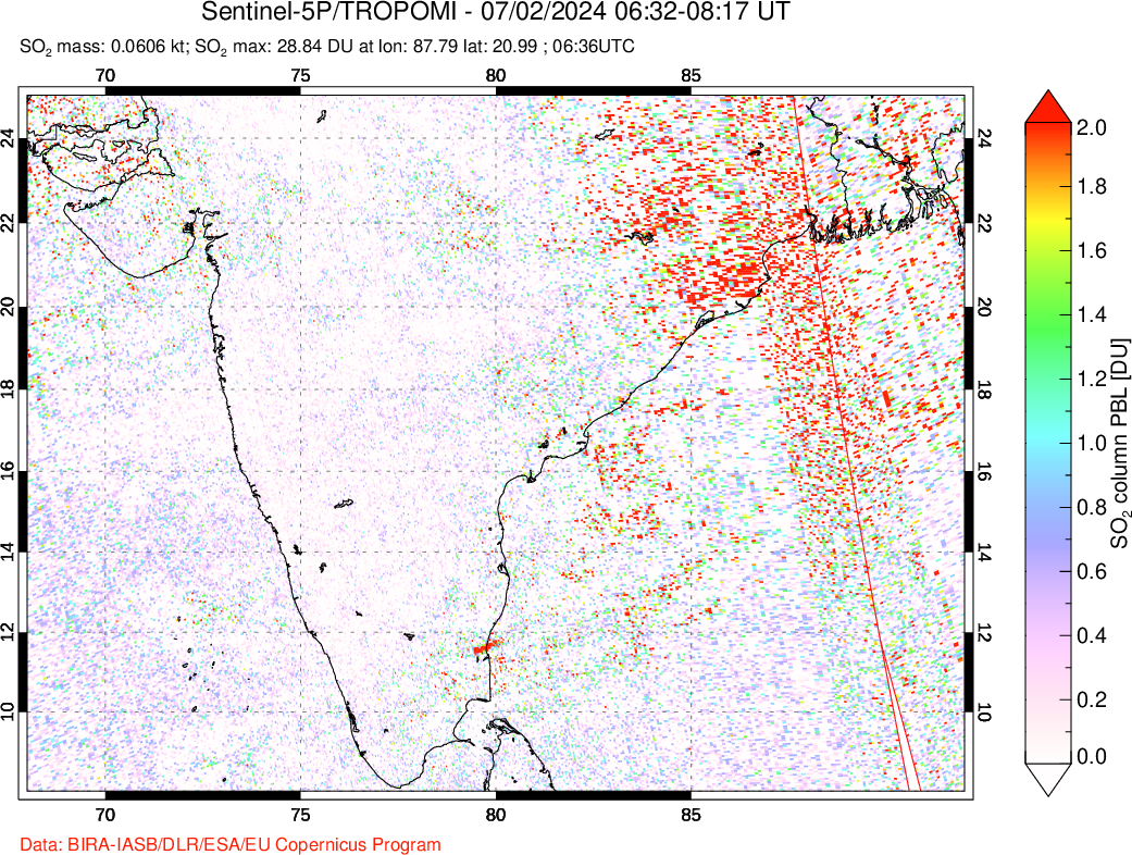 A sulfur dioxide image over India on Jul 02, 2024.