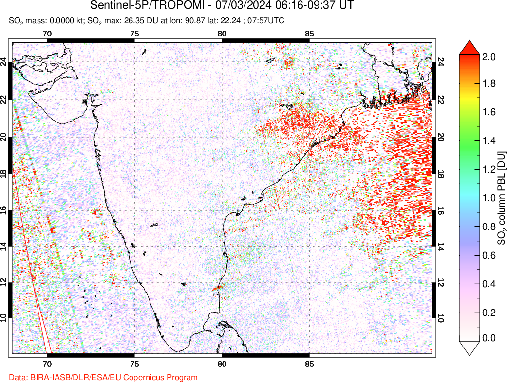 A sulfur dioxide image over India on Jul 03, 2024.