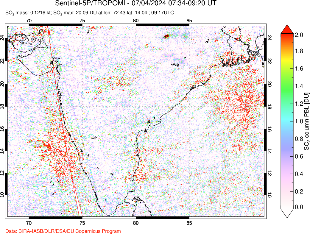 A sulfur dioxide image over India on Jul 04, 2024.