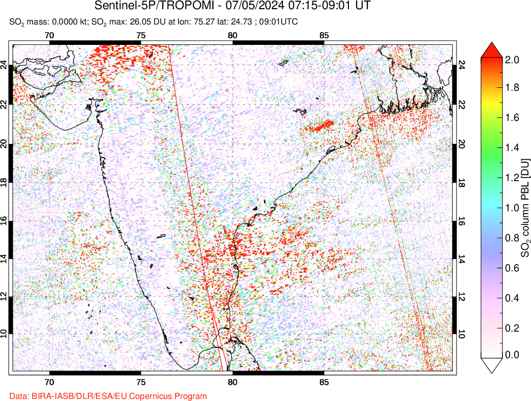 A sulfur dioxide image over India on Jul 05, 2024.