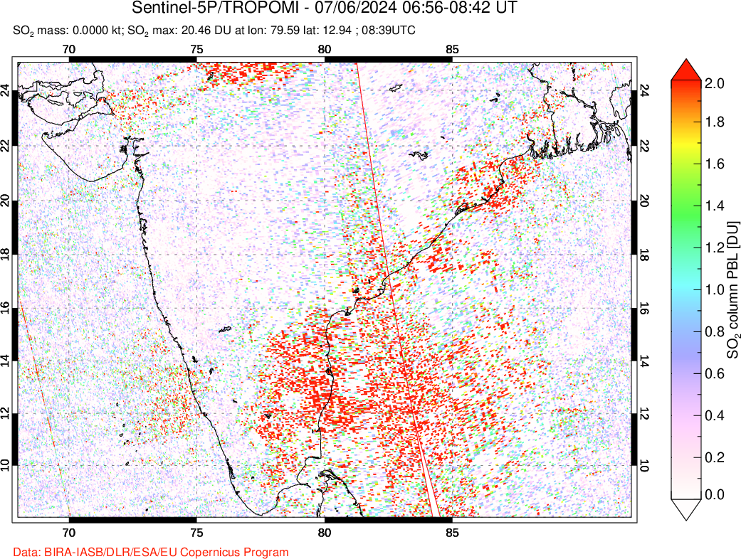 A sulfur dioxide image over India on Jul 06, 2024.