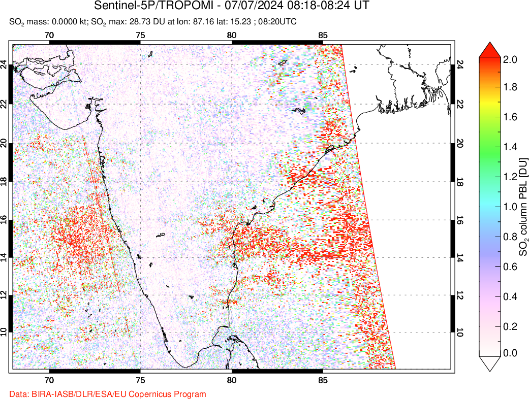 A sulfur dioxide image over India on Jul 07, 2024.