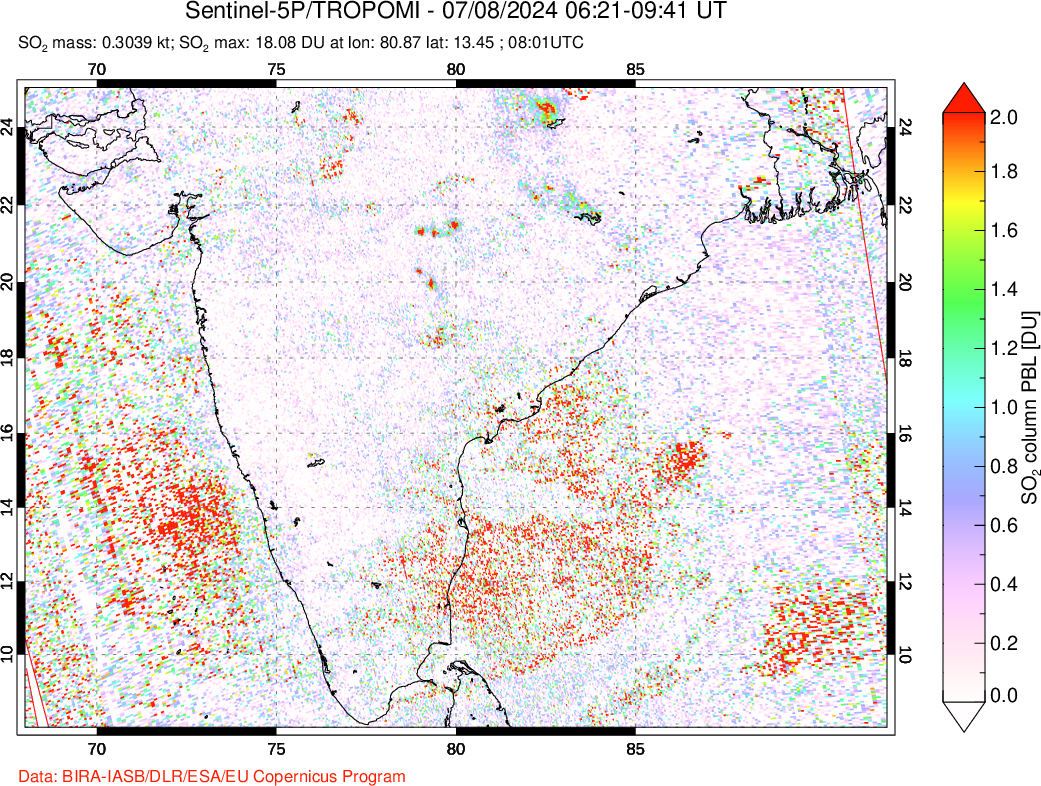 A sulfur dioxide image over India on Jul 08, 2024.