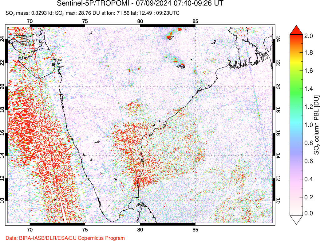 A sulfur dioxide image over India on Jul 09, 2024.