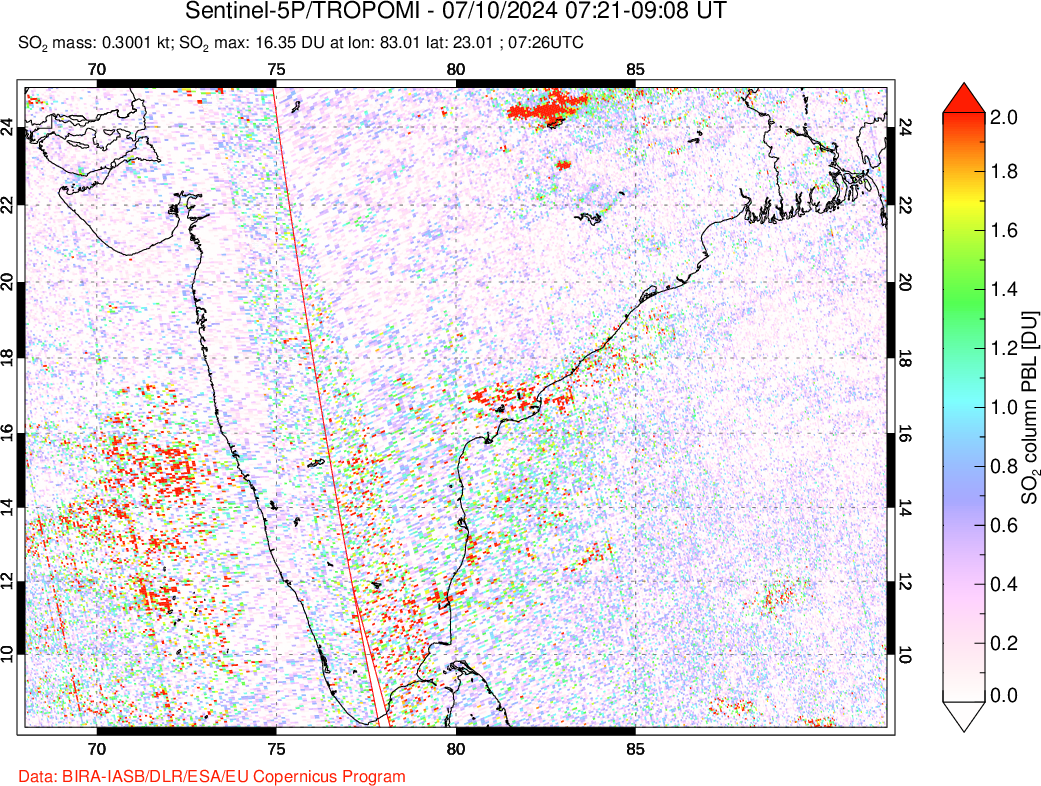 A sulfur dioxide image over India on Jul 10, 2024.