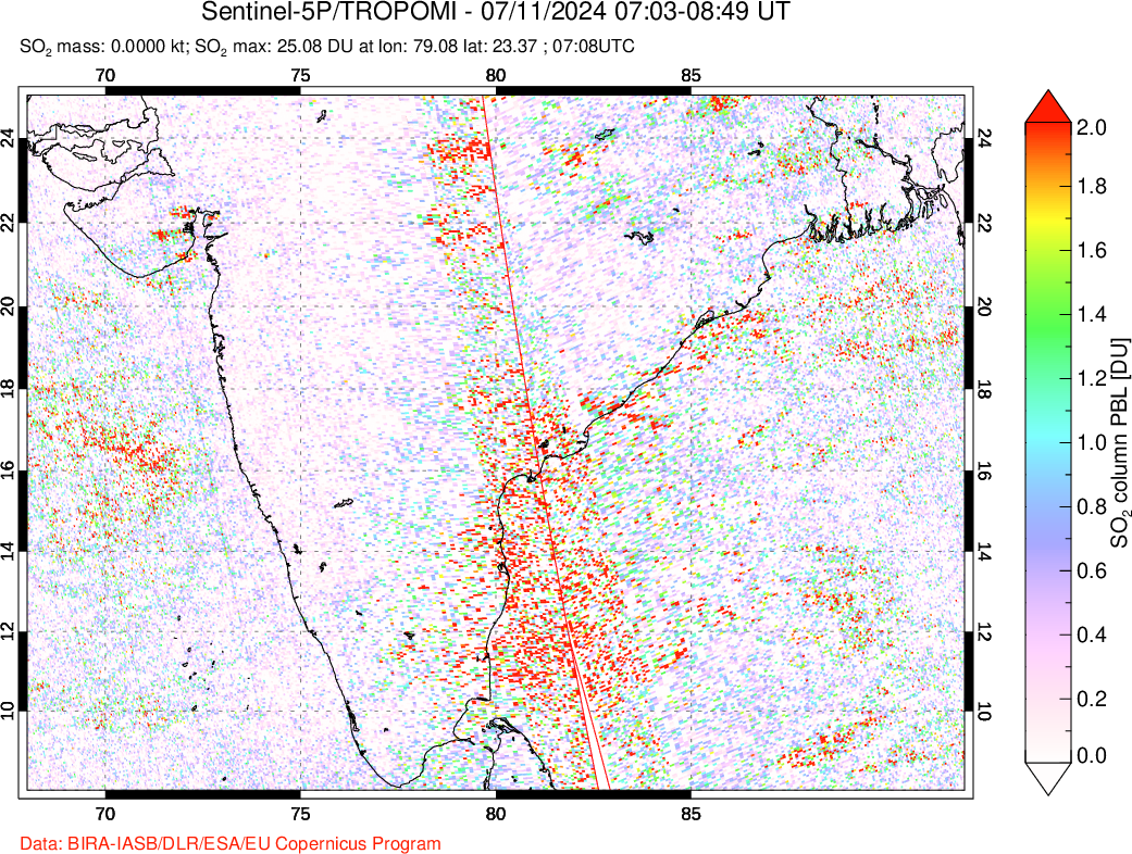 A sulfur dioxide image over India on Jul 11, 2024.