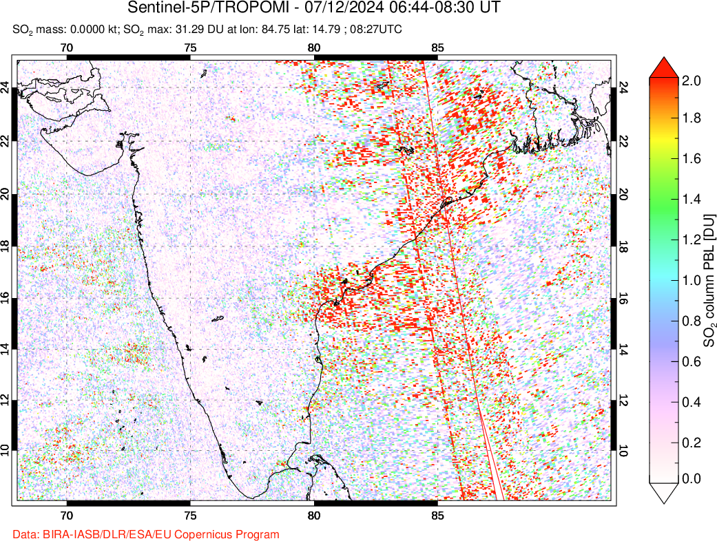 A sulfur dioxide image over India on Jul 12, 2024.