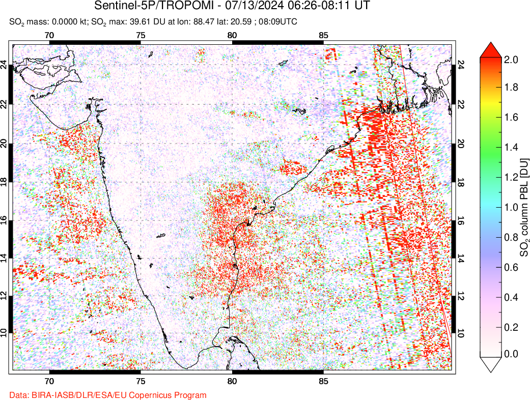 A sulfur dioxide image over India on Jul 13, 2024.