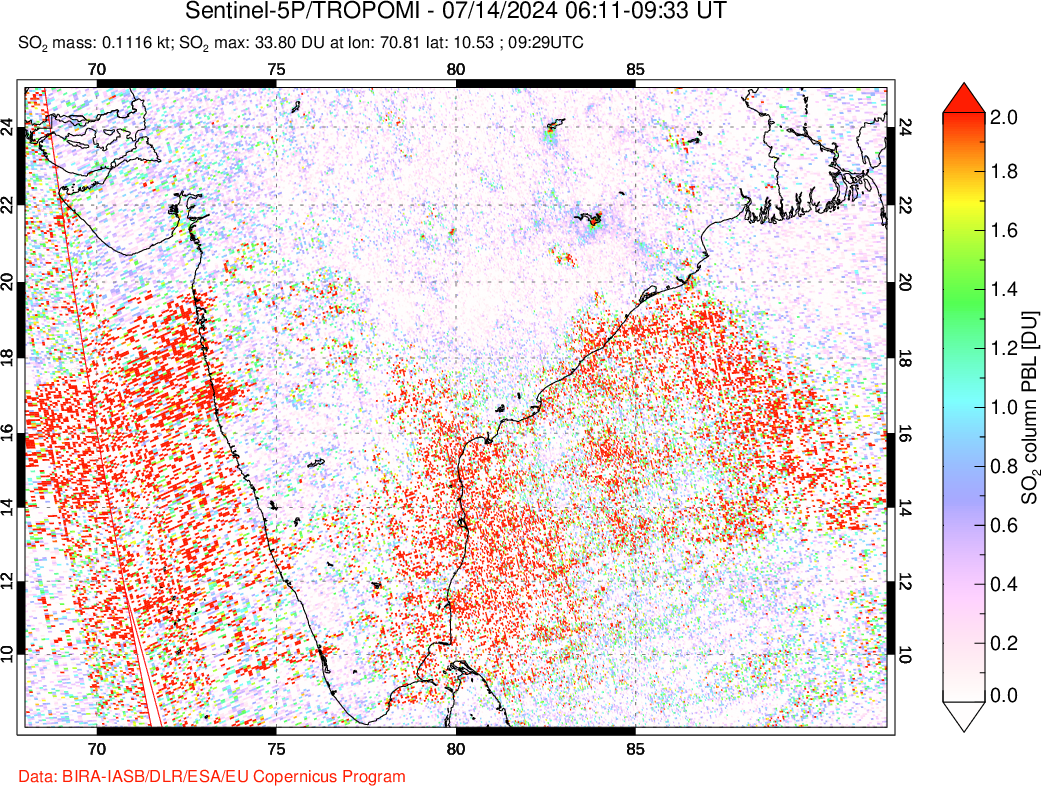 A sulfur dioxide image over India on Jul 14, 2024.