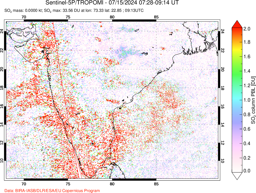 A sulfur dioxide image over India on Jul 15, 2024.