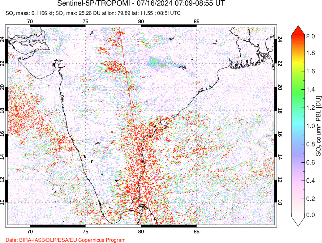 A sulfur dioxide image over India on Jul 16, 2024.