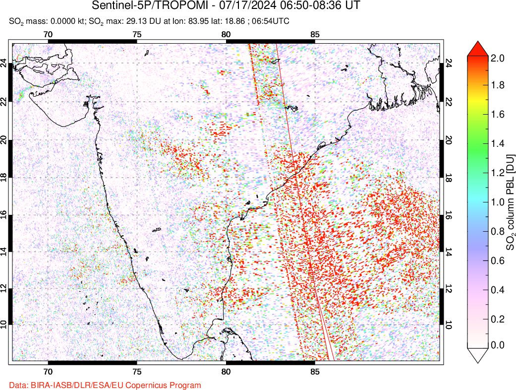 A sulfur dioxide image over India on Jul 17, 2024.