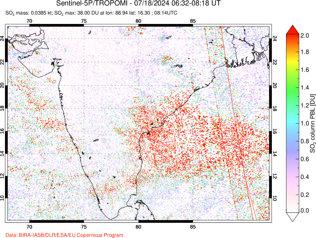 A sulfur dioxide image over India on Jul 18, 2024.