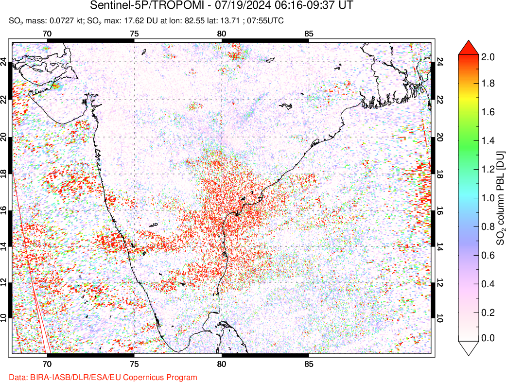 A sulfur dioxide image over India on Jul 19, 2024.