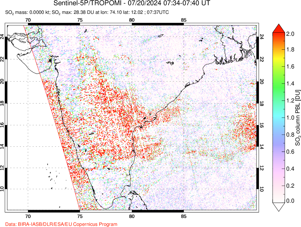 A sulfur dioxide image over India on Jul 20, 2024.