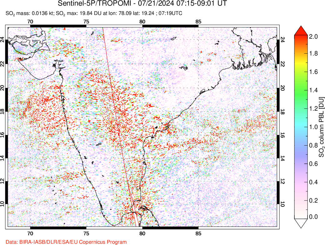 A sulfur dioxide image over India on Jul 21, 2024.