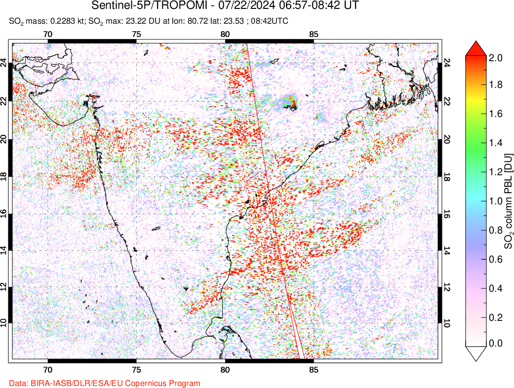 A sulfur dioxide image over India on Jul 22, 2024.