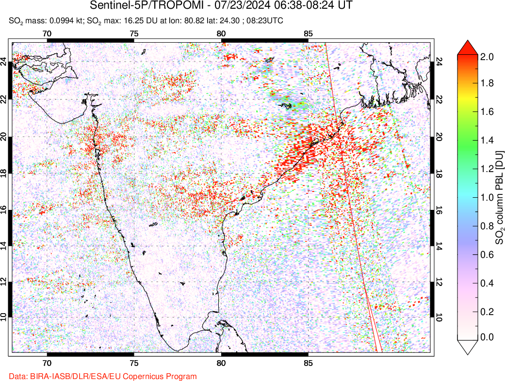 A sulfur dioxide image over India on Jul 23, 2024.