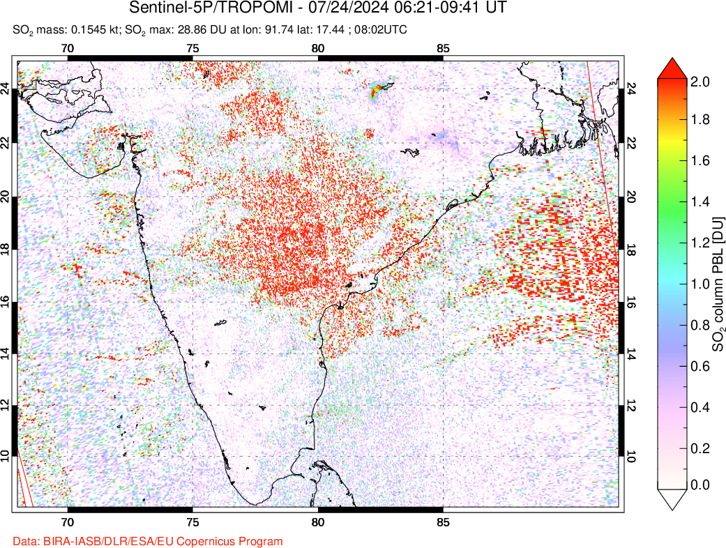 A sulfur dioxide image over India on Jul 24, 2024.