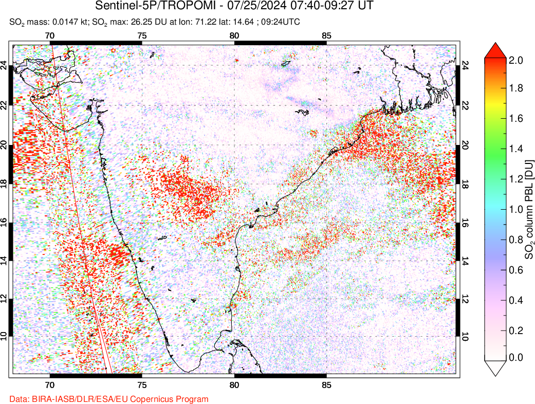 A sulfur dioxide image over India on Jul 25, 2024.