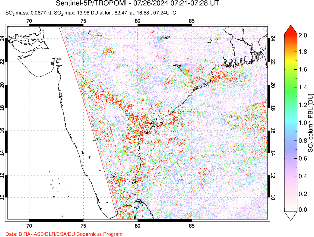 A sulfur dioxide image over India on Jul 26, 2024.