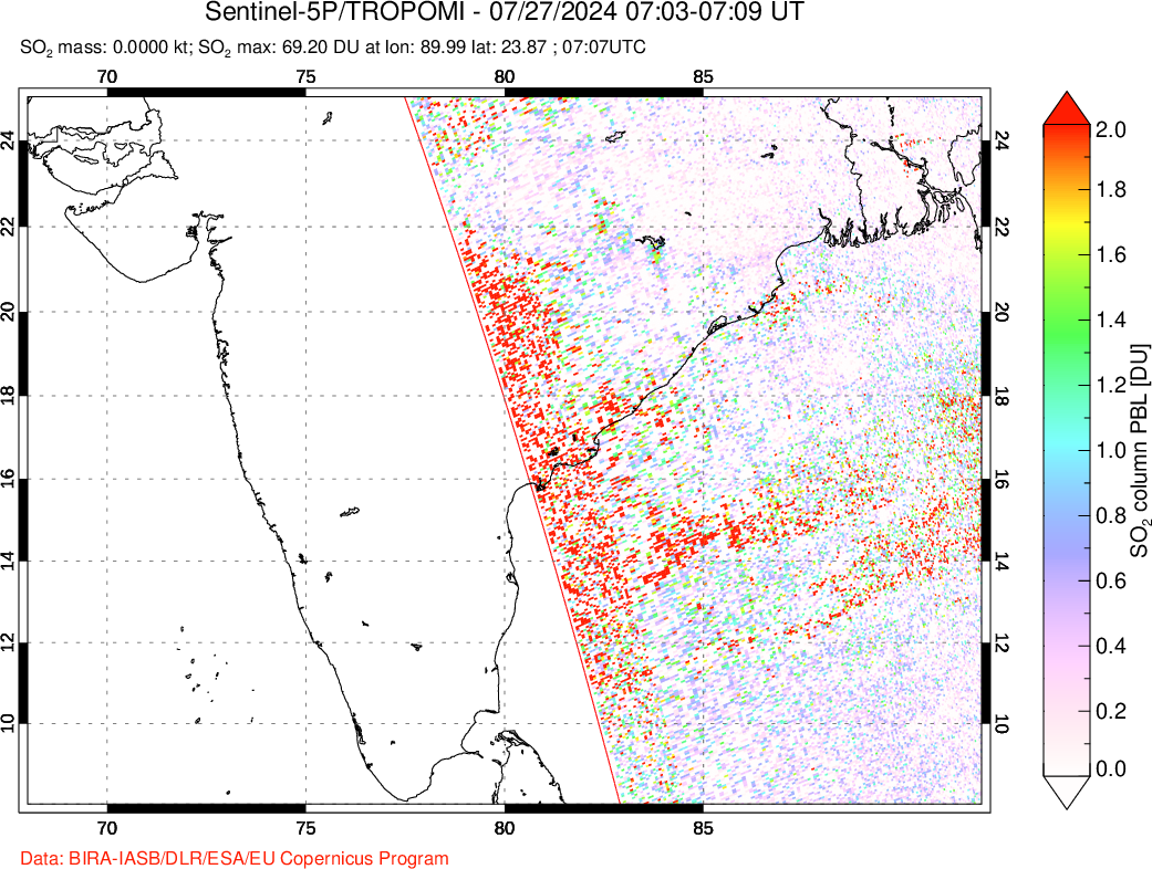 A sulfur dioxide image over India on Jul 27, 2024.