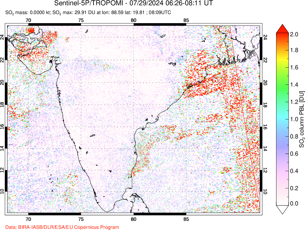 A sulfur dioxide image over India on Jul 29, 2024.