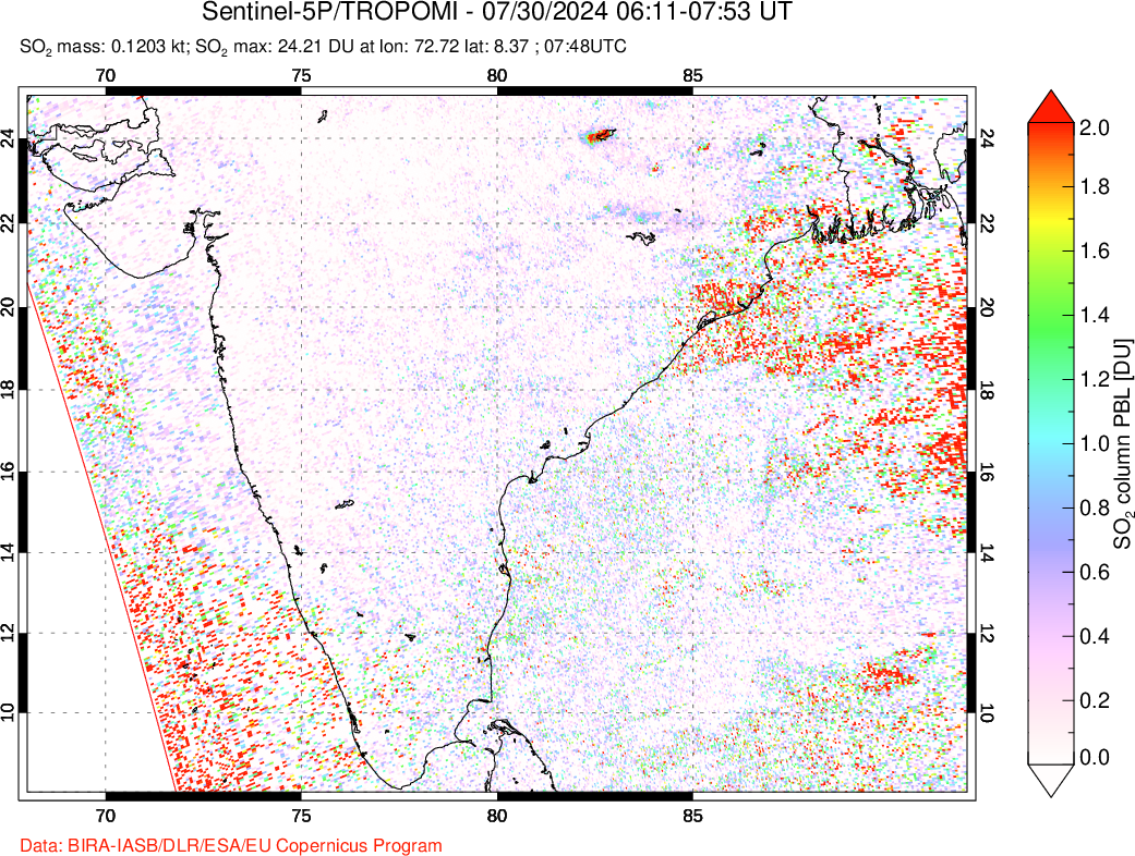 A sulfur dioxide image over India on Jul 30, 2024.