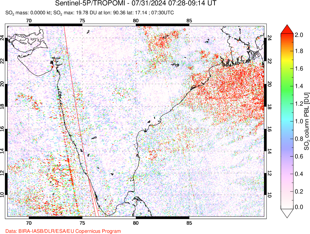 A sulfur dioxide image over India on Jul 31, 2024.