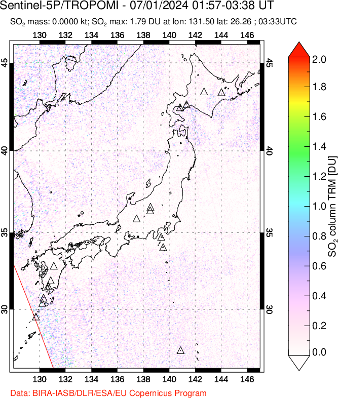 A sulfur dioxide image over Japan on Jul 01, 2024.