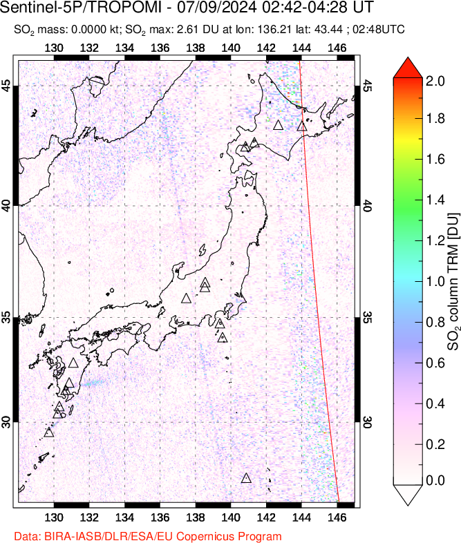 A sulfur dioxide image over Japan on Jul 09, 2024.