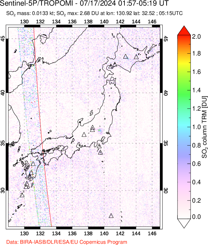 A sulfur dioxide image over Japan on Jul 17, 2024.