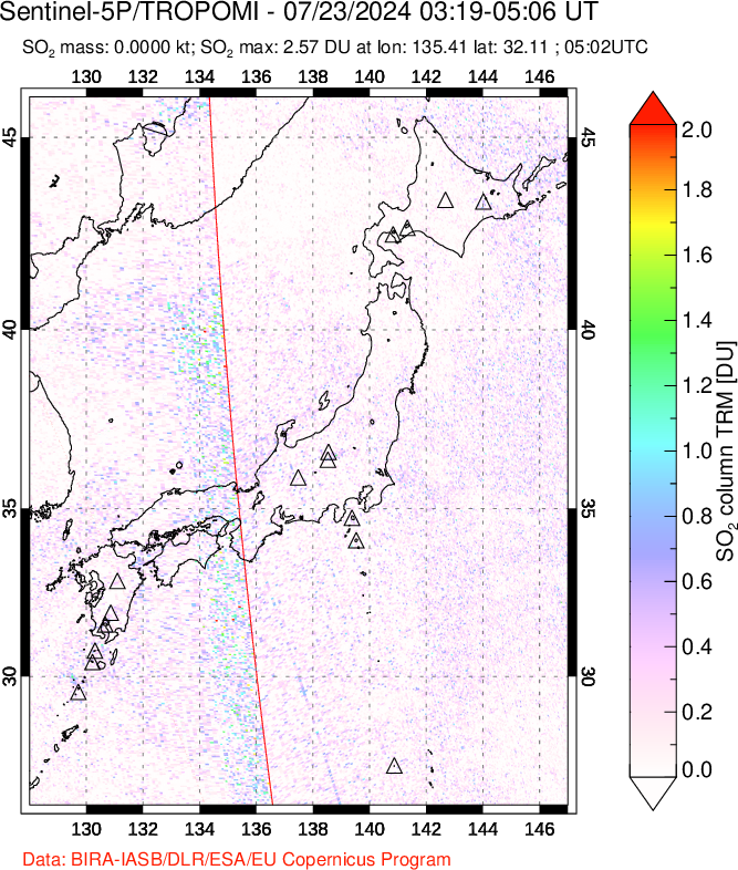 A sulfur dioxide image over Japan on Jul 23, 2024.