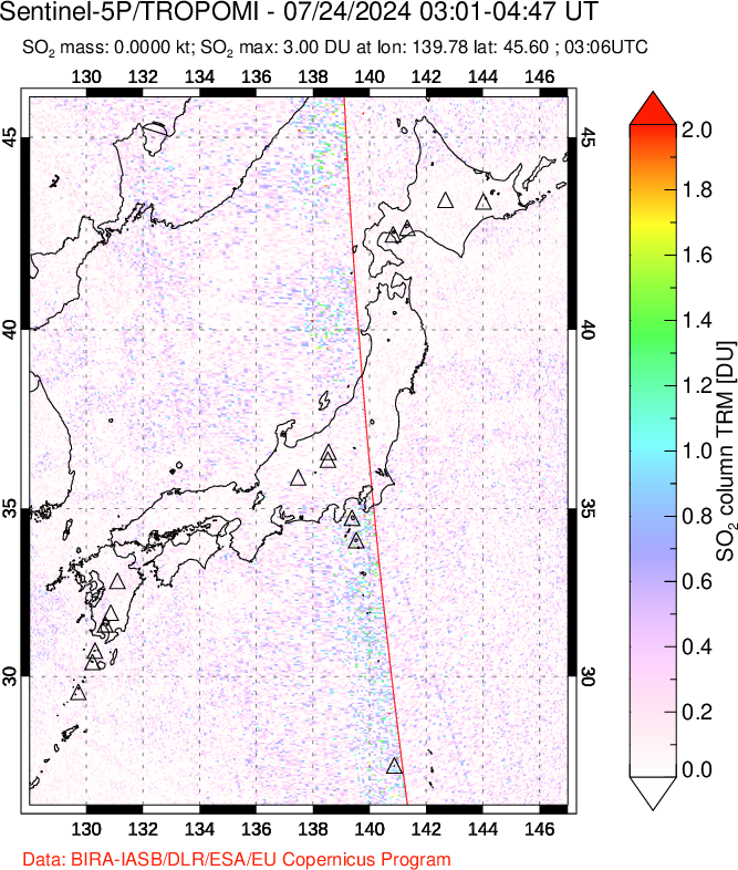 A sulfur dioxide image over Japan on Jul 24, 2024.