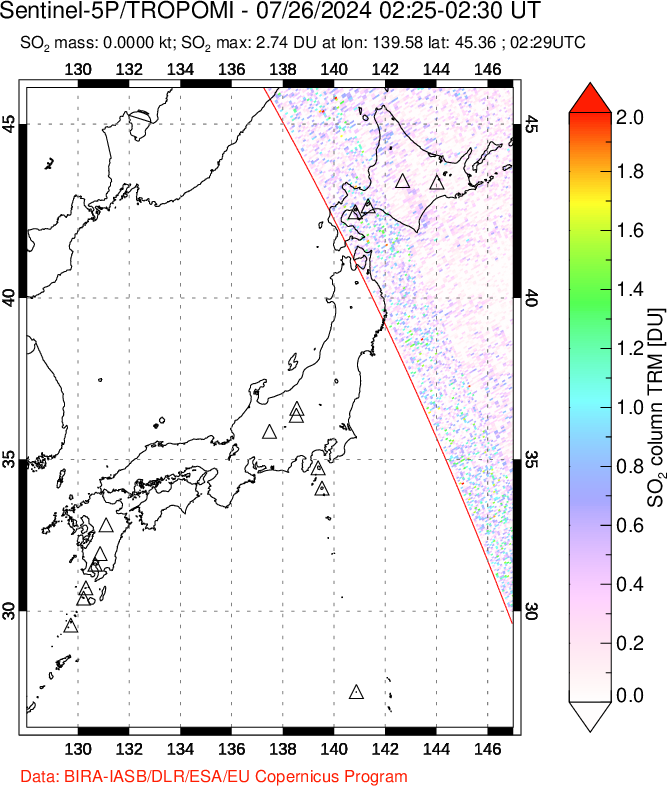 A sulfur dioxide image over Japan on Jul 26, 2024.