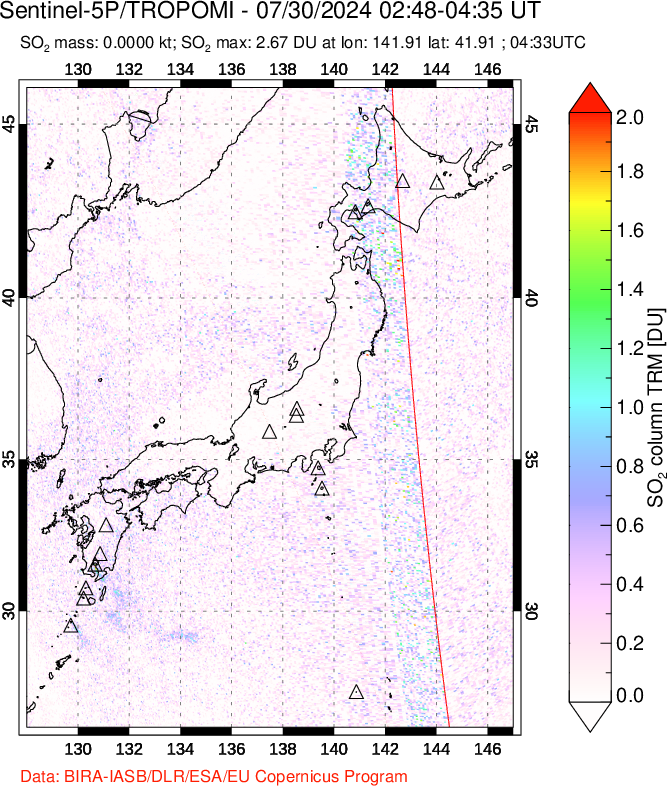 A sulfur dioxide image over Japan on Jul 30, 2024.